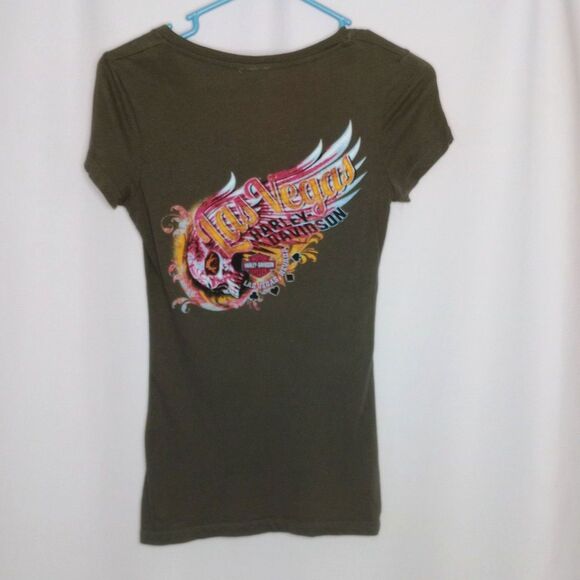 ⭐ Harley Davidson Womens V Neck Short Sleeve Fitted Graphic T Shirt Cotton Small - Picture 2 of 6